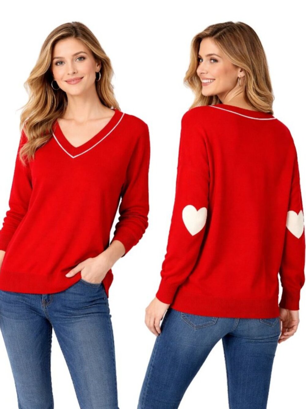 Women’s Red V-Neck Sweater with Heart Elbow Patches